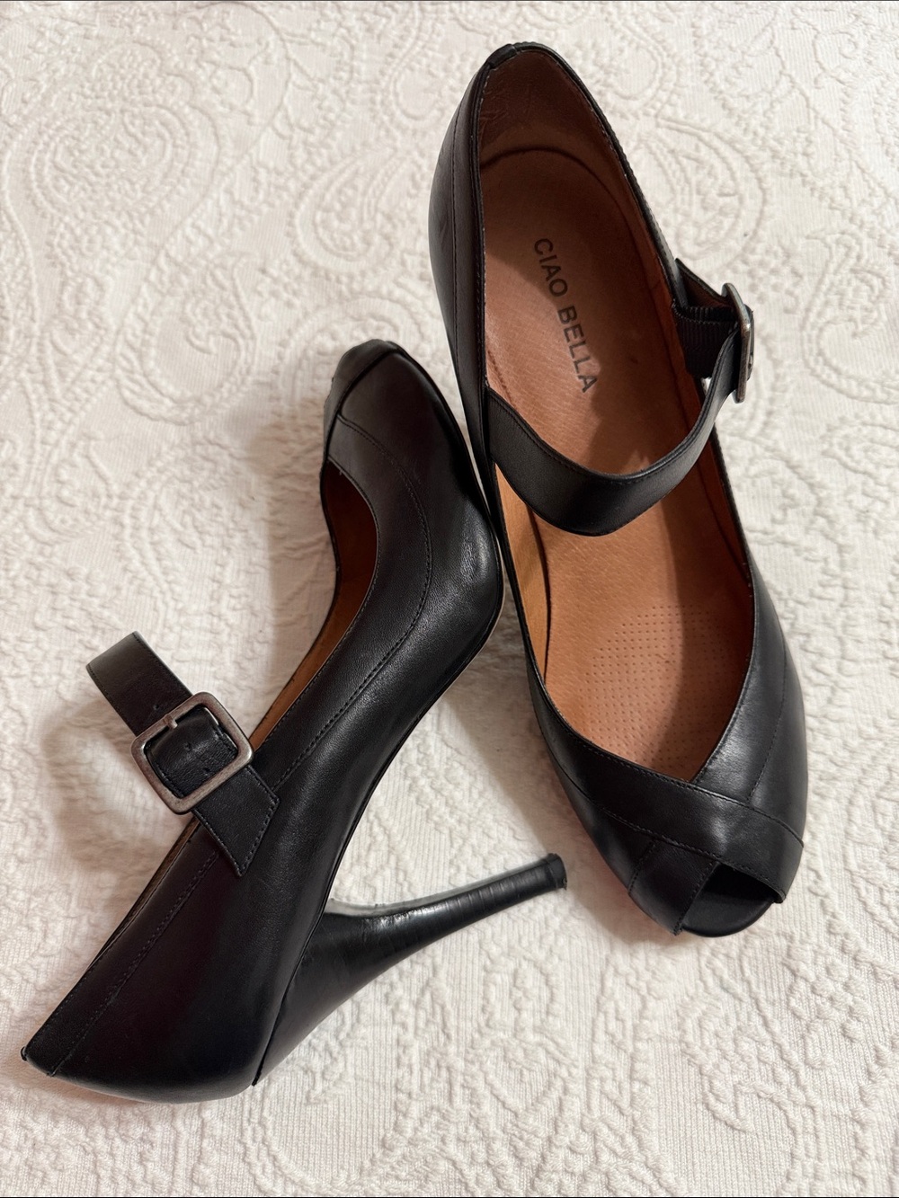Ciao Bella Size 10 Black Peep-Toe Mary Jane High Heels